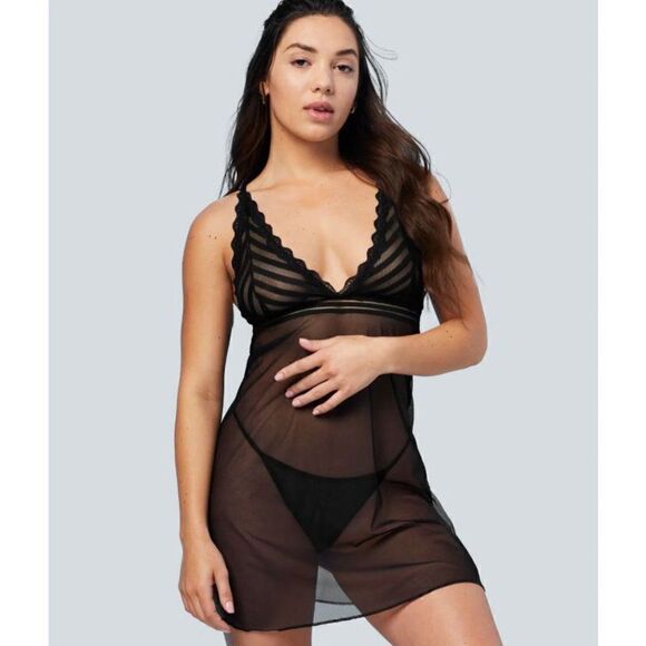 Black Stripe Mesh Sexy Sheer Black Babydoll Set Lingerie - Picture 8 of 9